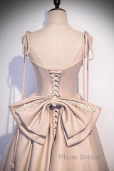 Elegant Champagne Square Neck Fine Shoulder Strap Pleated Satin Ball Dresses Champagne A-Line Bow Lace Open Back Strap And Floor Length Evening Dresses