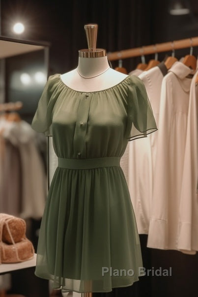 Elegant Dark Green Jewel Short Bridesmaid Dresses With Flowy Chiffon Sleeves Secondary image