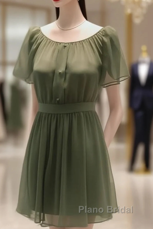 Elegant Dark Green Jewel Short Bridesmaid Dresses With Flowy Chiffon Sleeves Main image