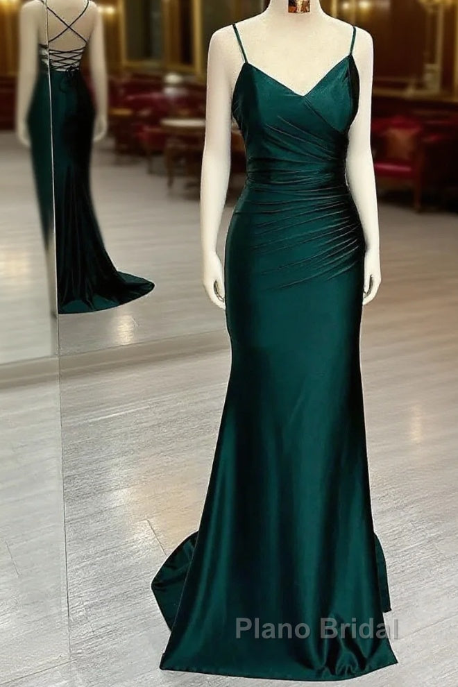 Elegant Dark Green Mermaid Spaghetti Strap Satin Long Formal Prom Dresses Main image