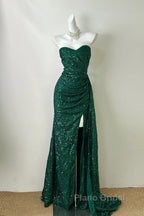 Elegant Dark Green Sweetheart Neck Mermaid Long Formal Prom Dresses Sequin Strapless Formal Evening Dresses