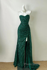 Elegant Dark Green Sweetheart Neck Mermaid Long Formal Prom Dresses Sequin Strapless Formal Evening Dresses
