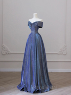 Elegant Deep Blue Bow-neck Pleated Formal Prom Dresses