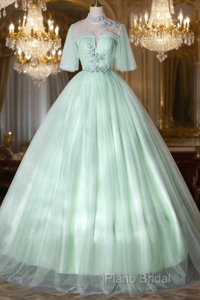 Elegant Green A-Line Princess Formal Prom Dresses, A-Line Lace Formal Party Dresses Main image