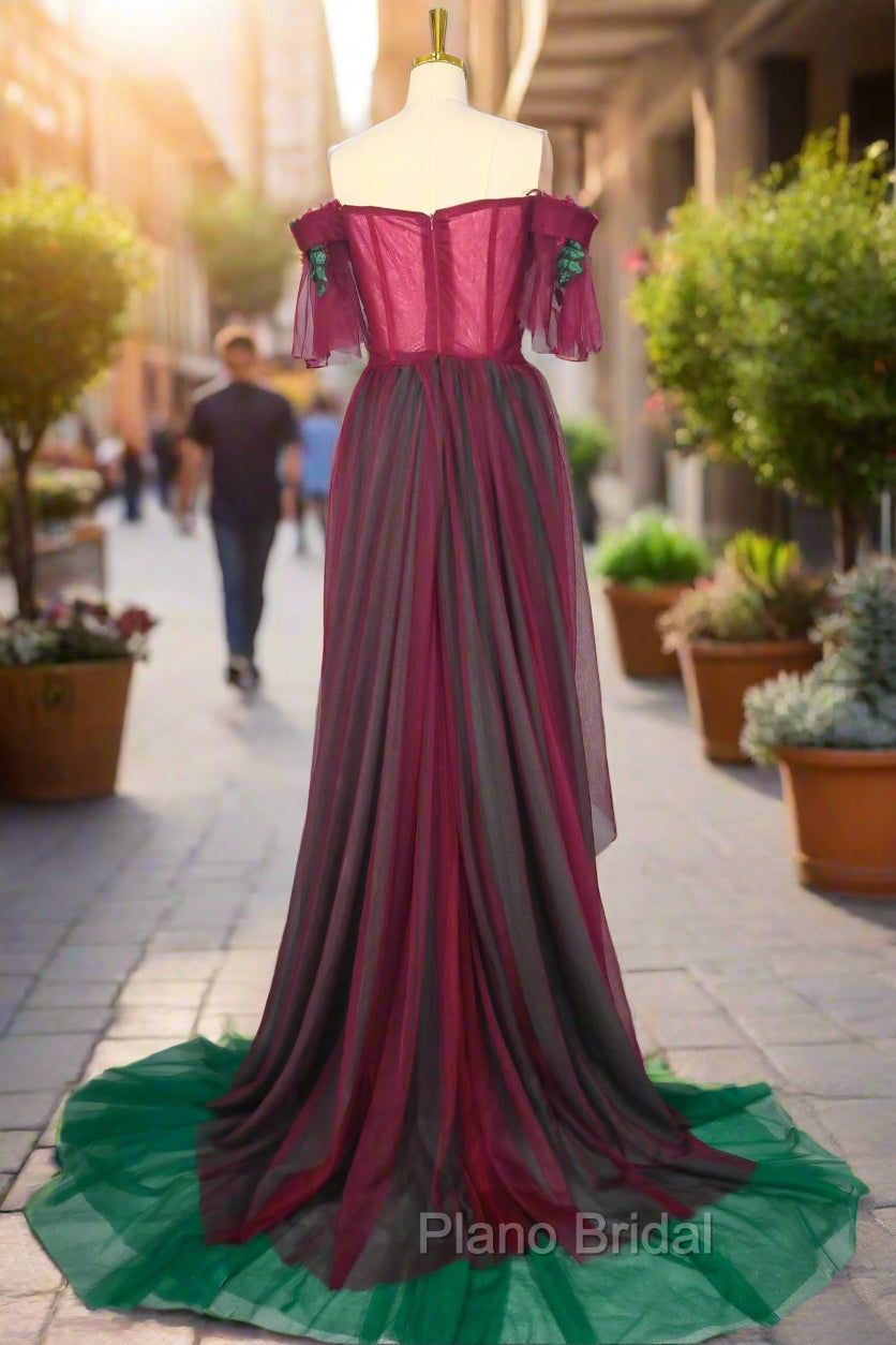 Elegant Green Off The Shoulder Tulle Formal Prom Dresses Vintage Formal Prom Gowns