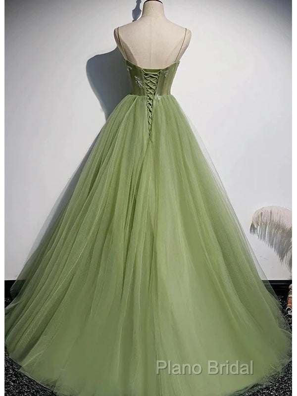 Elegant Green Tulle Spaghetti Straps A-Line Long Formal Prom Dresses Formal Dresses,