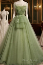 Elegant Green Tulle Spaghetti Straps A-Line Long Formal Prom Dresses Formal Dresses,