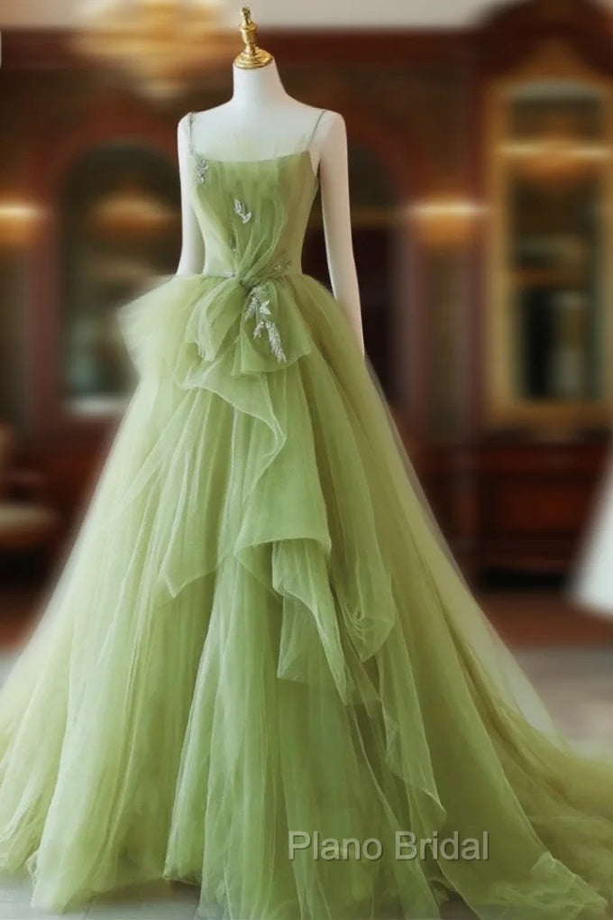 Elegant Green Tulle Straps Long Formal Dresses, Green Tulle Evening Dresses Party Dresses