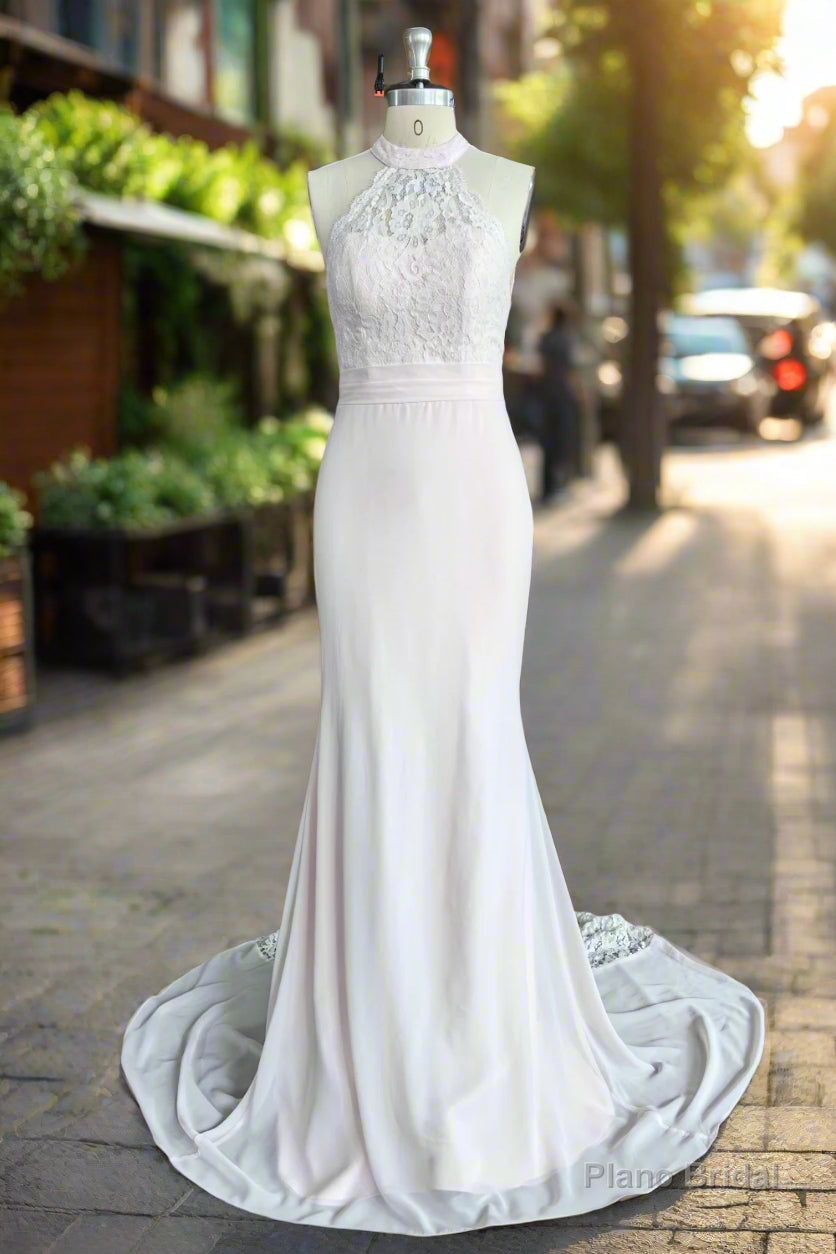 Elegant Halter Court Train Bridesmaid Dresses Chiffon Lace Mermaid Wedding Gown Main image