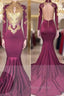 Elegant High-Neck Long-Sleeves Gold-Appliques Backless Formal Prom Dresses