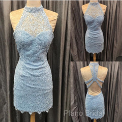Elegant High Neck Open Back Lace Homecoming Dresses Sheath Party Dresses