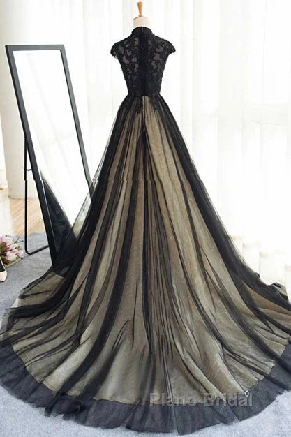 Elegant High Neck Formal Prom Dresses Black Formal Dresses A Line Floor Length Evening Dresses