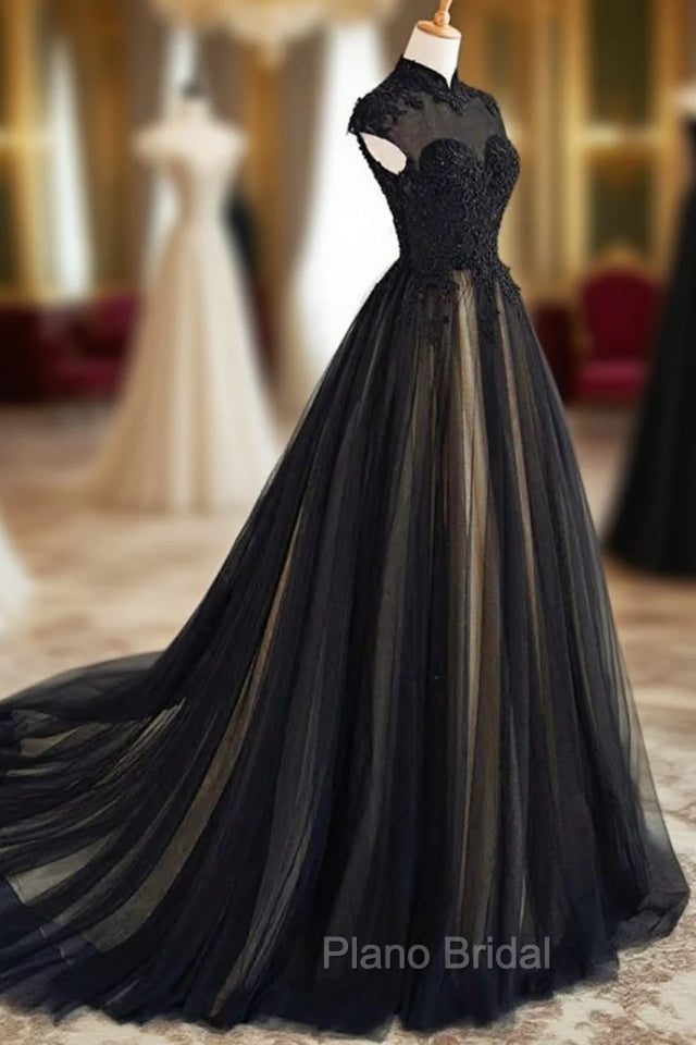 Elegant High Neck Swee Train Rhinestone Formal Prom Dresses, Black Formal Dresses Secondary image