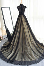 Elegant High Neck Swee Train Rhinestone Formal Prom Dresses, Black Formal Dresses