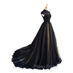 Elegant High Neck Swee Train Rhinestone Formal Prom Dresses, Black Formal Dresses