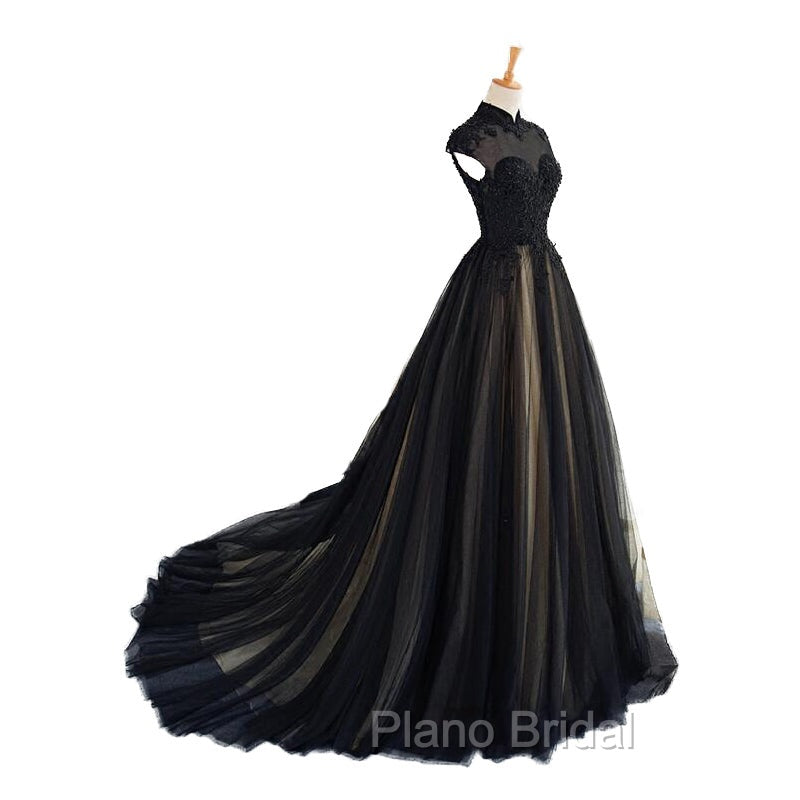 Elegant High Neck Swee Train Rhinestone Formal Prom Dresses, Black Formal Dresses