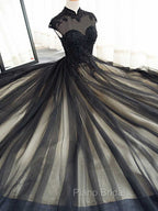 Elegant High Neck Swee Train Rhinestone Formal Prom Dresses, Black Formal Dresses