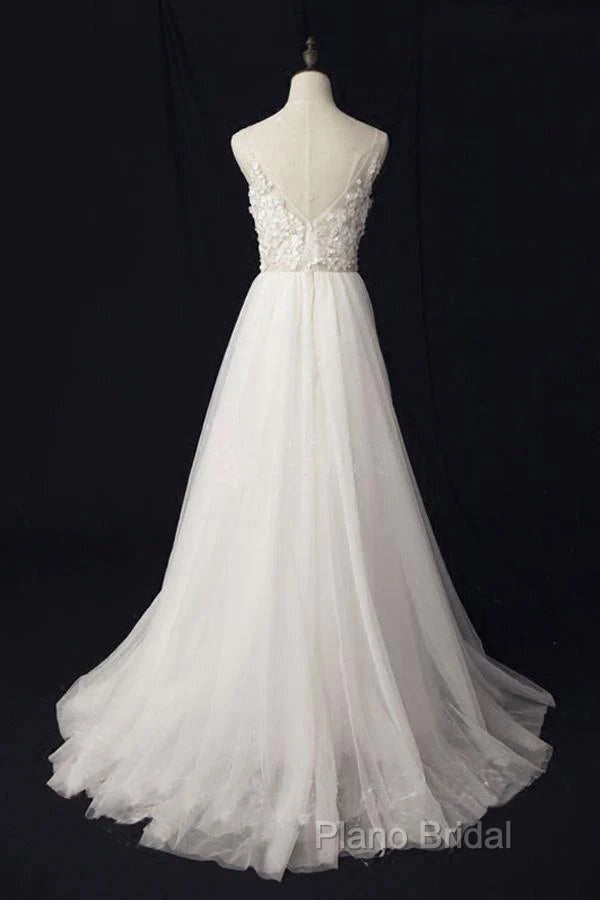 Elegant Ivory Tulle V-Neck A Line Floor Length Wedding Dresses