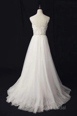 Elegant Ivory Tulle V-Neck A Line Floor Length Wedding Dresses