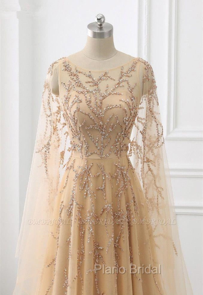 Elegant Jewel Long Sleevess Ruffle Formal Prom Dresses with Beadings On Sale