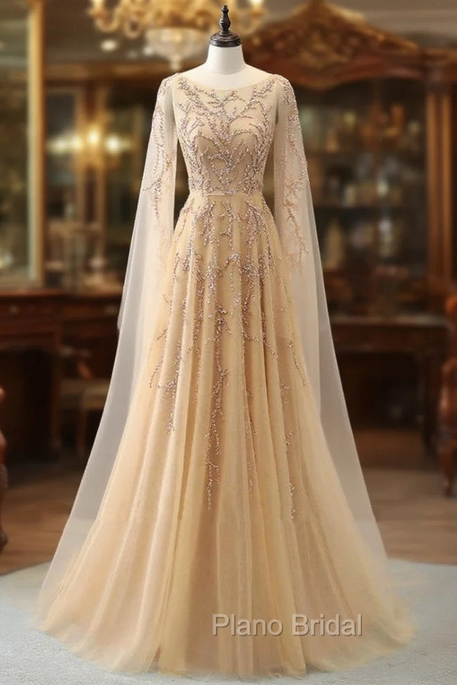 Elegant Jewel Long Sleevess Ruffle Formal Prom Dresses with Beadings On Sale Main image