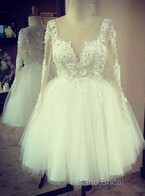 Elegant Lace Appliques Long Sleeves Bride Wedding Dresses Short