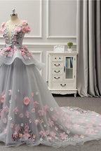 Elegant Lace-up Back Floral Appliques Grey Long Formal Prom Dresses