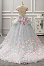 Elegant Lace-up Back Floral Appliques Grey Long Formal Prom Dresses