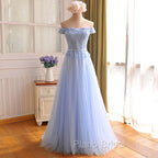 Elegant Light Blue Lace Applique Top Long Party Dresses, Off Shoulder Bridesmaid Dresses