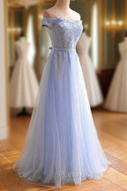 Elegant Light Blue Lace Applique Top Long Party Dresses, Off Shoulder Bridesmaid Dresses