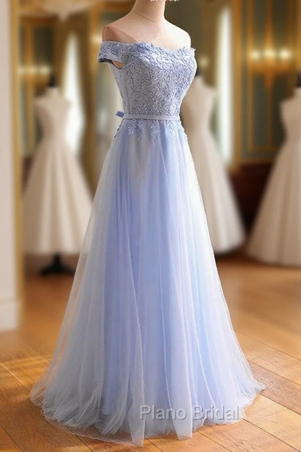 Elegant Light Blue Lace Applique Top Long Party Dresses, Off Shoulder Bridesmaid Dresses