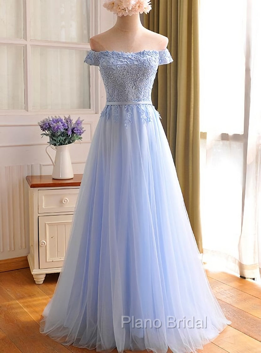 Elegant Light Blue Lace Applique Top Long Party Dresses, Off Shoulder Bridesmaid Dresses Main image
