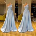Elegant Light Blue One-shoulder Overskirt Soft-pleated Formal Prom Dresses