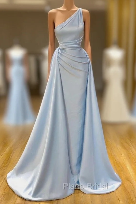 Elegant Light Blue One-shoulder Overskirt Soft-pleated Formal Prom Dresses Main image