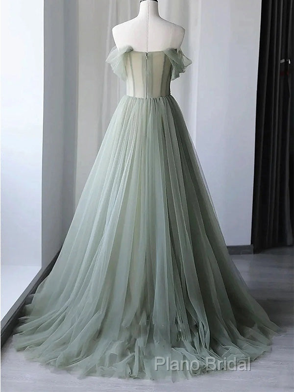 Elegant Light Green A-Line Tulle Off The Shoulder Long Formal Prom Dresses Formal Dresses,