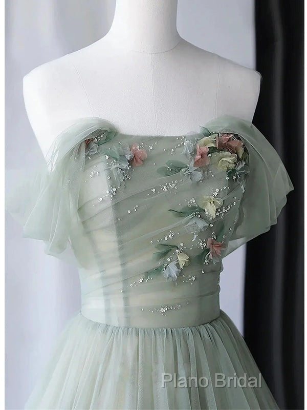 Elegant Light Green A-Line Tulle Off The Shoulder Long Formal Prom Dresses Formal Dresses,