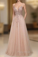 Elegant Long A-line V-neck Sequins Tulle Backless Formal Prom Dresses