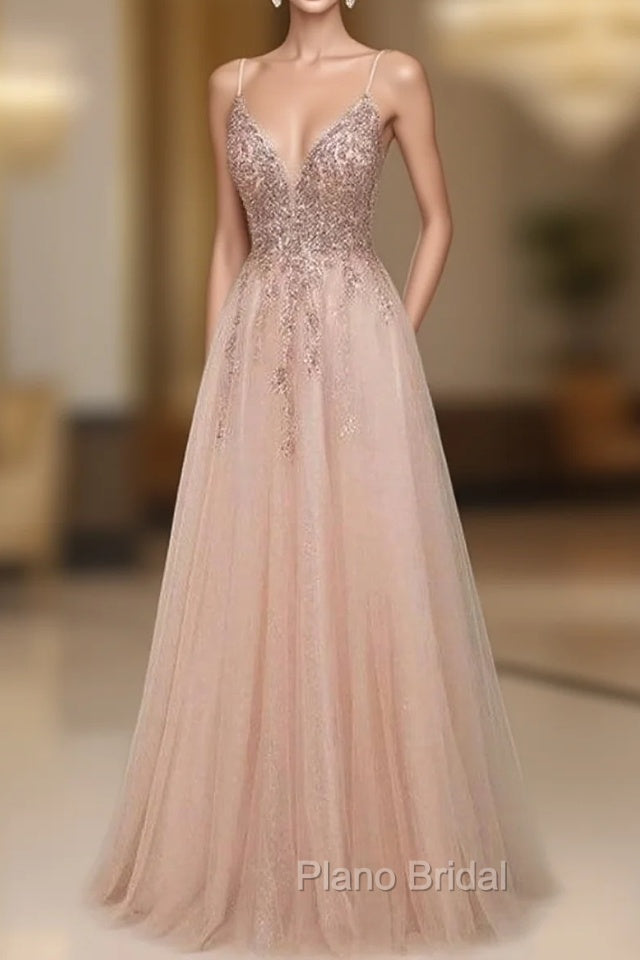 Elegant Long A-line V-neck Sequins Tulle Backless Formal Prom Dresses