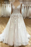 Elegant Long A-Line V-neck Spaghetti Straps Appliques Lace Ruffles Tulle Wedding Dress