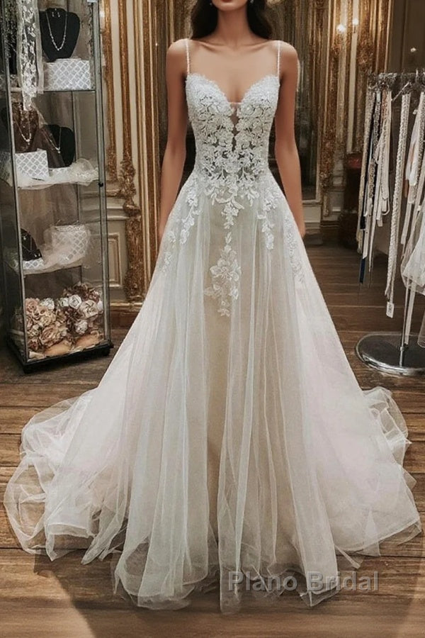 Elegant Long A-line V Neck Spaghetti Straps Lace Tulle Wedding Dresses Main image