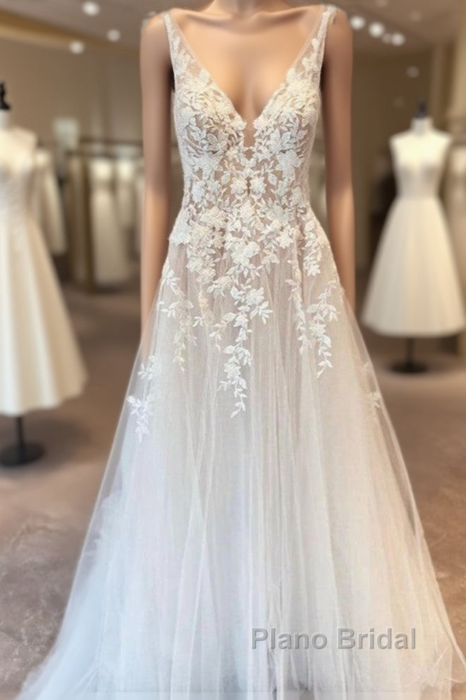 Elegant Long A-line V-neck Tulle Appliques Lace Open Back Wedding Dress