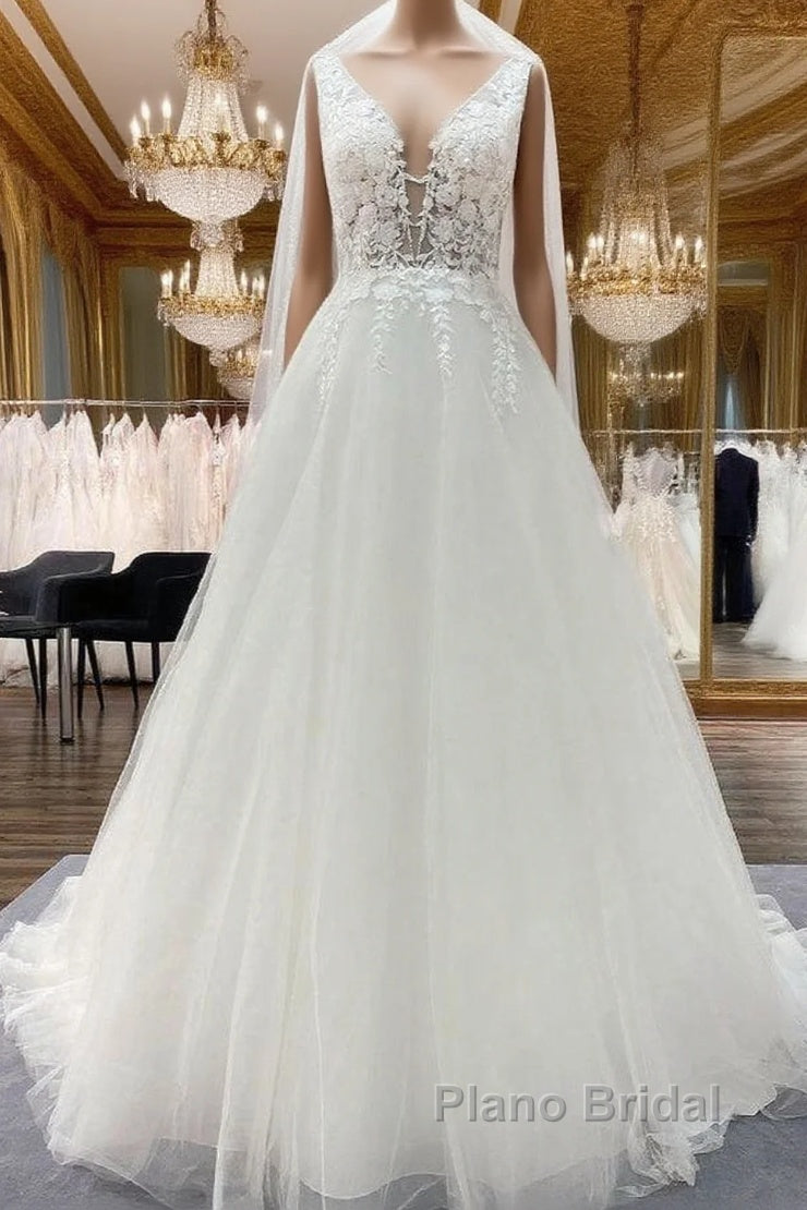 Elegant Long A-line V Neck Tulle Lace Open Back Wedding Dress Main image