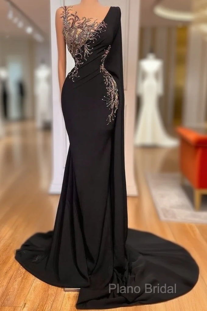 Elegant Long Black Mermaid Beading Lace Formal Prom Dresses Main image