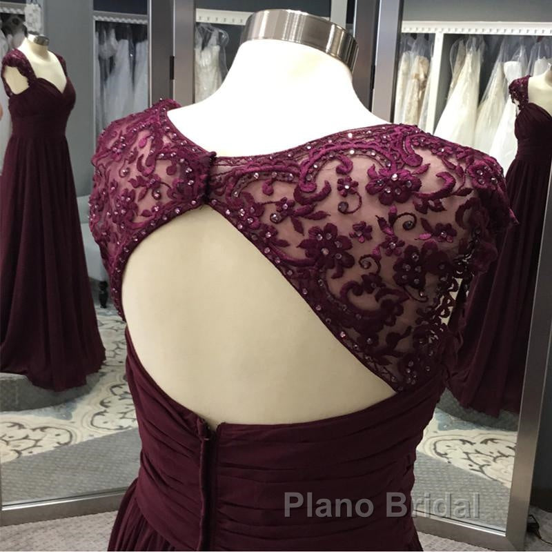 Elegant Long Chiffon Backless Bridesmaid Dresses Lace Cap Sleeves