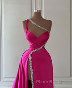 Elegant Long Fuchsia One Shoulder Jewels Sleeveless Formal Prom Dresses Long Slit Online