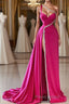 Elegant Long Fuchsia One Shoulder Jewels Sleeveless Formal Prom Dresses Long Slit Online