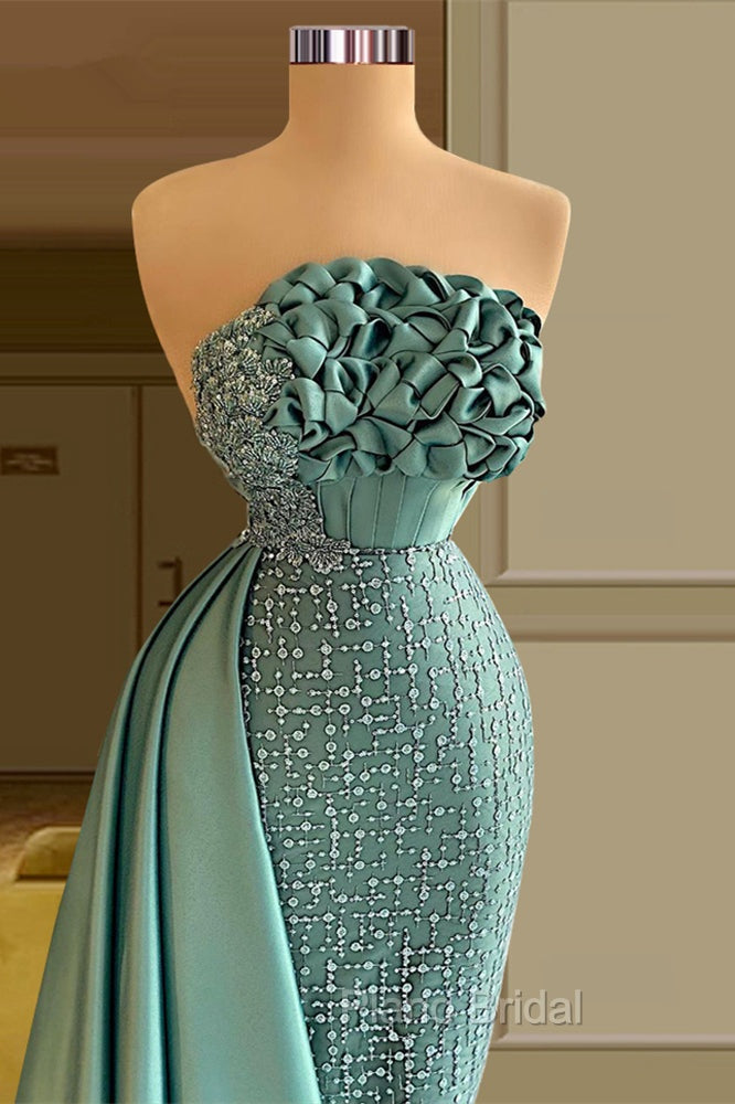 Elegant Long Green Mermaid Sleeveless Beading Formal Prom Dresses With Ruffles Long
