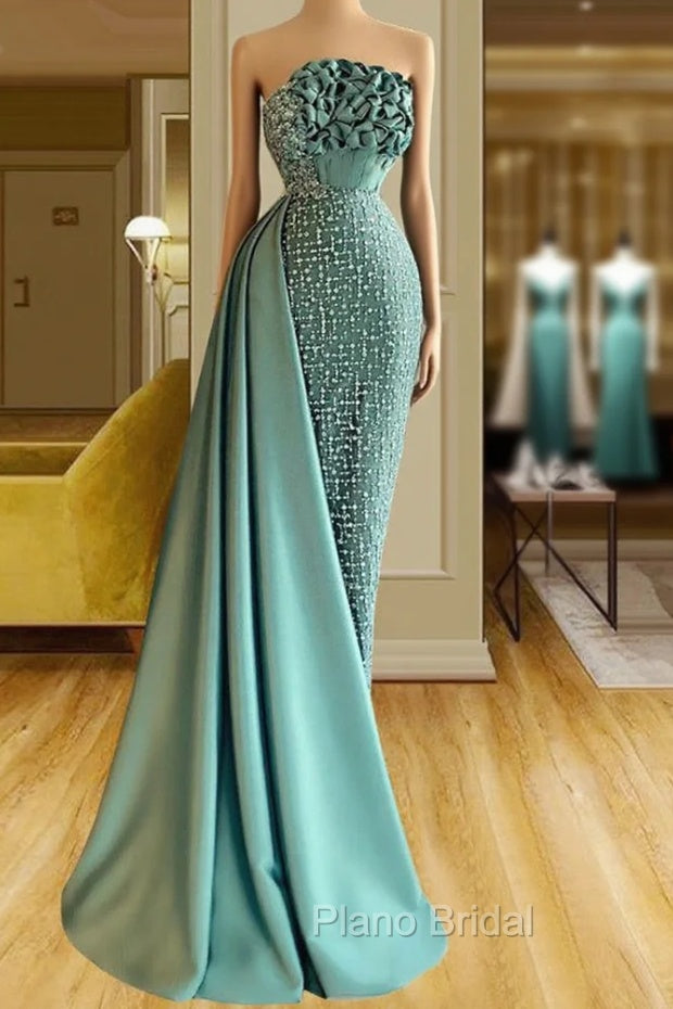 Elegant Long Green Mermaid Sleeveless Beading Formal Prom Dresses With Ruffles Long Main image
