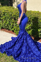 Elegant Long Mermaid Halter Satin Lace Backless Formal Prom Dresses