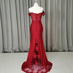 Elegant Long Mermaid Spandex Off Shoulder Party Dresses, Wine Red Bridesmaid Dresses